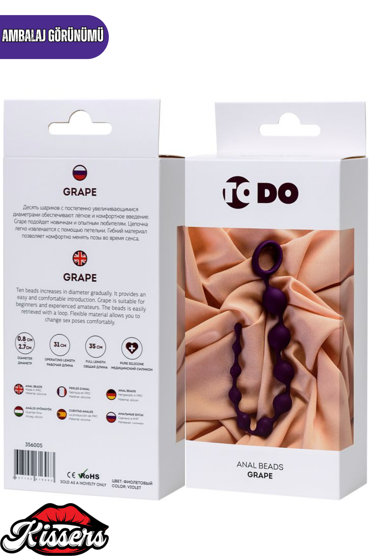 Grape Zincir Şeklinde Silikon Anal Plug 35 cm Mor Tutamaçlı Kademeli Tasarım