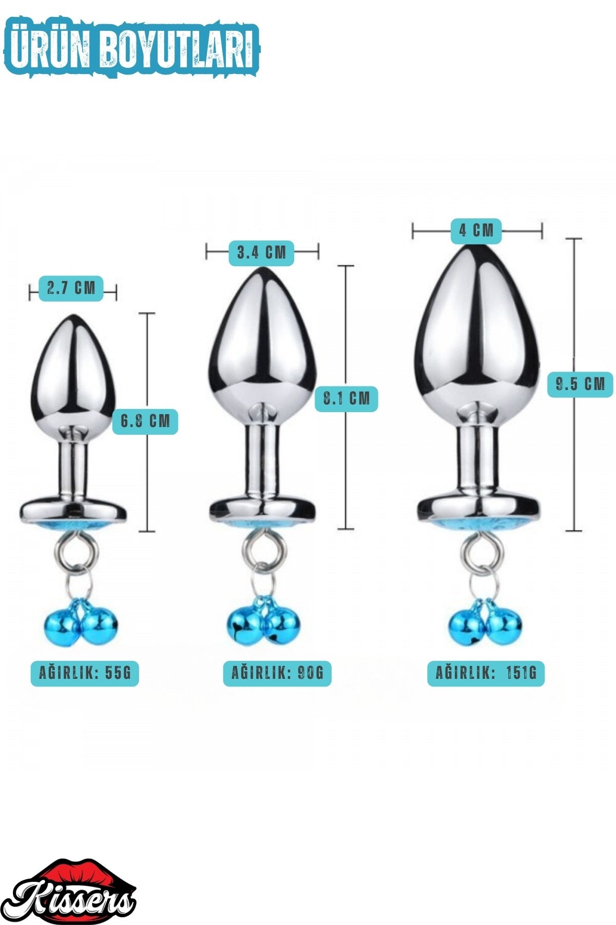 Paslanmaz Çelik  Mavi Kalp Taşlı Şeklinde Mücevher Lüks Zilli  Küçük Boy Anal Plug 7 Cm