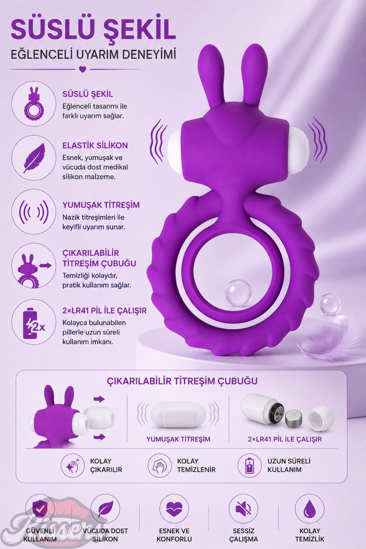 Jos Bunny Güçlü Titreşimli Şeklinde Çıkarılabilir Mini Vibratörlü Penis Halkası