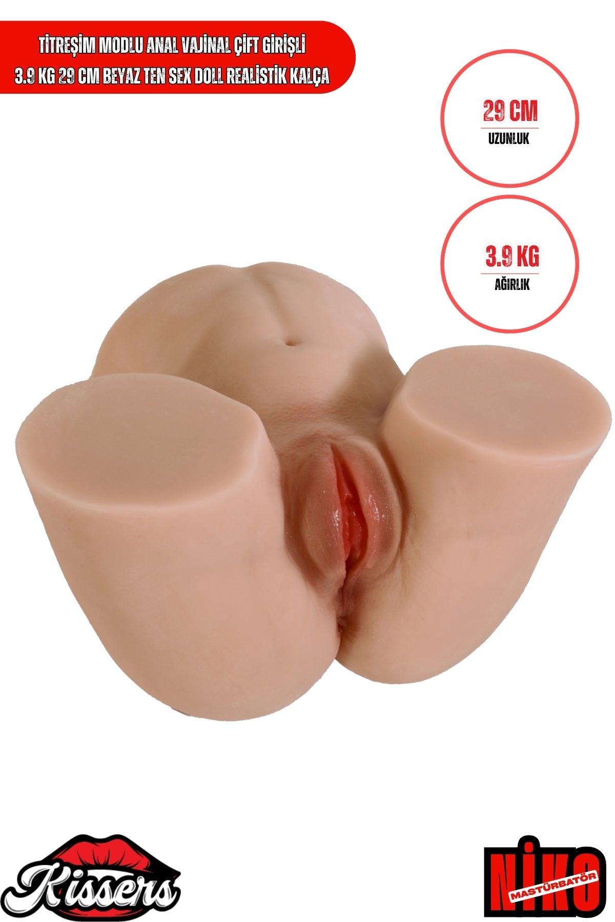 Titreşim Modlu Anal Vajinal Çift Girişli 3.9 cm 29 cm Beyaz Ten Sex Doll Realistik Kalça