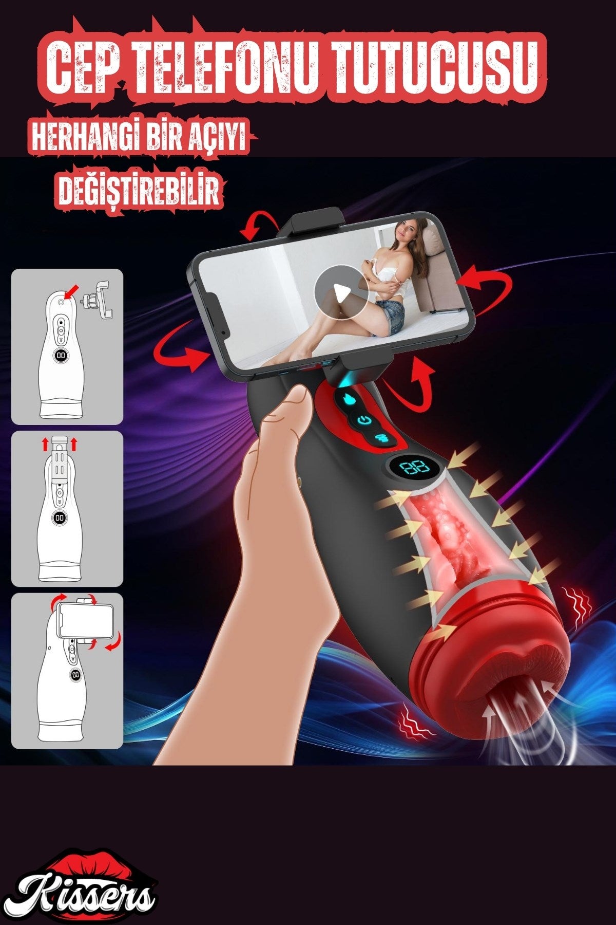 Şarjlı Telefon Tutuculu Isıtmalı Titreşimli Emiş Özellikli Dudak Görünümlü Tam Otomatik Mastürbatör