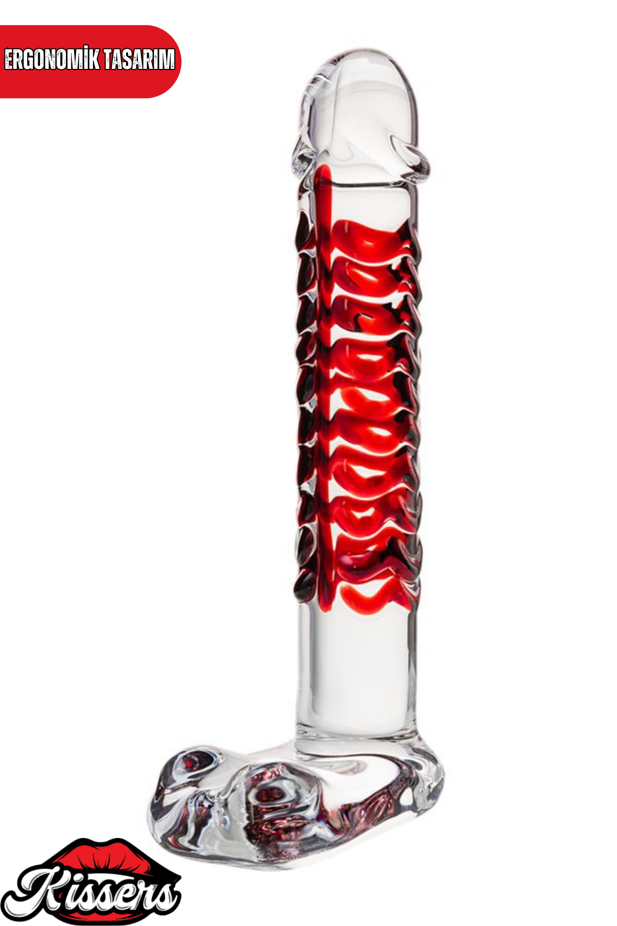 Kırılmaz Kırmızı Şeffaf Desenli Düz Cam Dildo 16 Cm Su Geçirmez Temperli Cam Masaj Ürünü