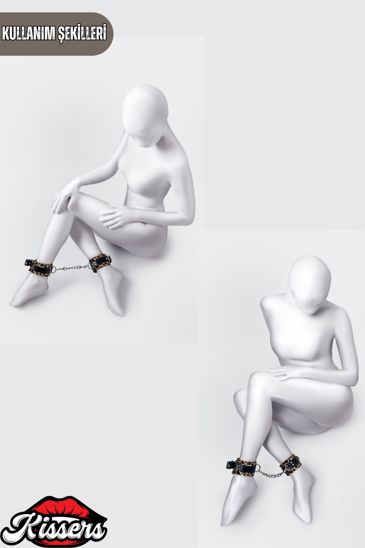 BDSM Fetiş Siyah Leopar PU Deri Ayak Kelepçesi 27 Cm Kadife Astarlı