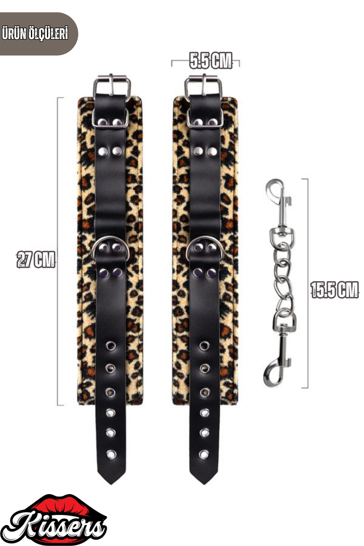 BDSM Fetiş Siyah Leopar PU Deri Ayak Kelepçesi 27 Cm Kadife Astarlı