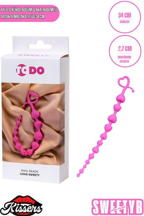 Long Sweety Kalp Şekilli Silikon Anal Plug 34 cm Pembe Kademeli Boğumlu Tasarım