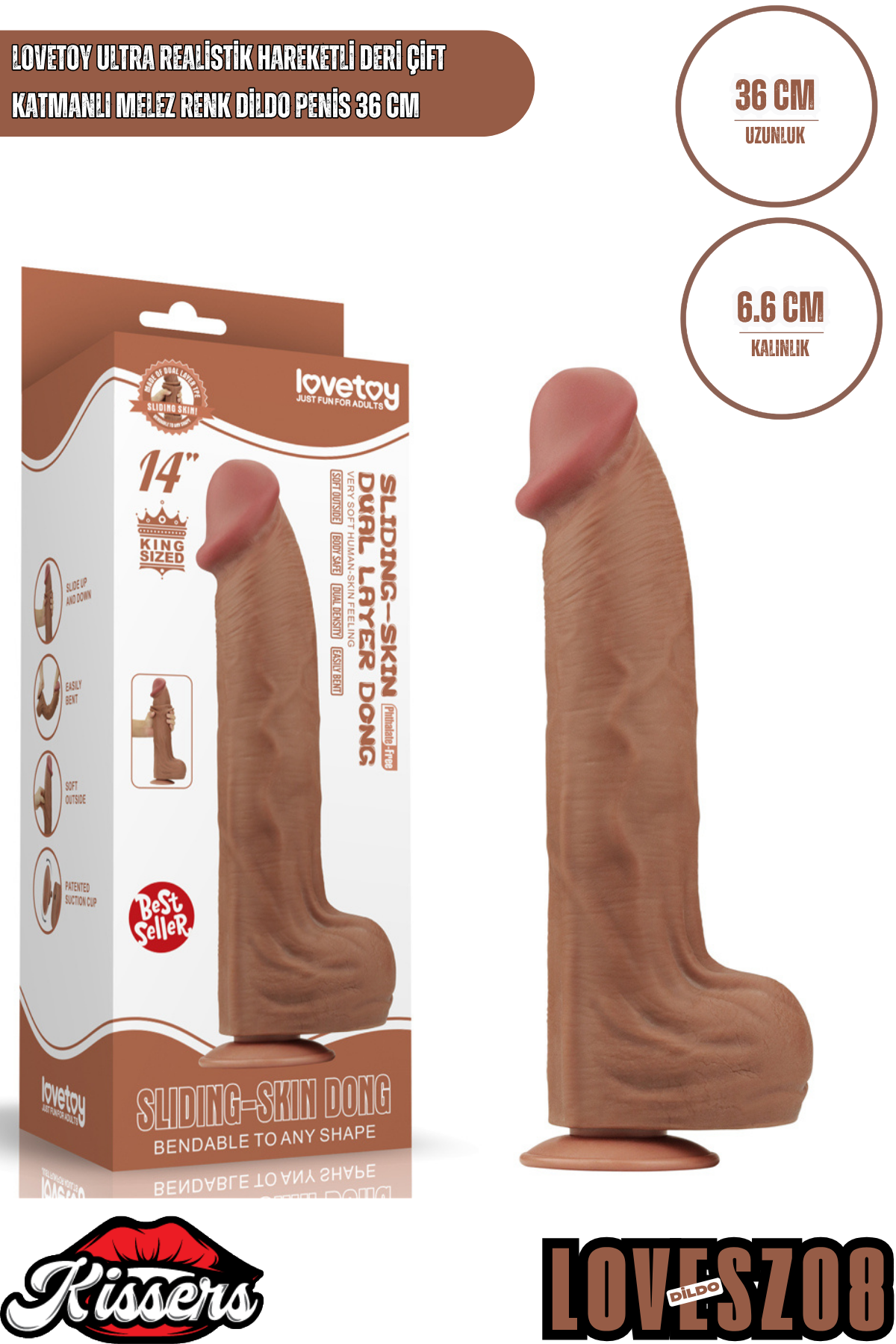 Lovetoy Ultra Realistik Hareketli Deri Çift Katmanlı Melez Renk Dildo Peni 36 cm