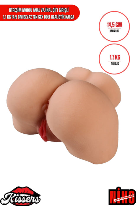 Titreşim Modlu Anal Vajinal Çift Girişli 1.1 Kg 14.5 cm Beyaz Ten Sex Doll Realistik Kalça