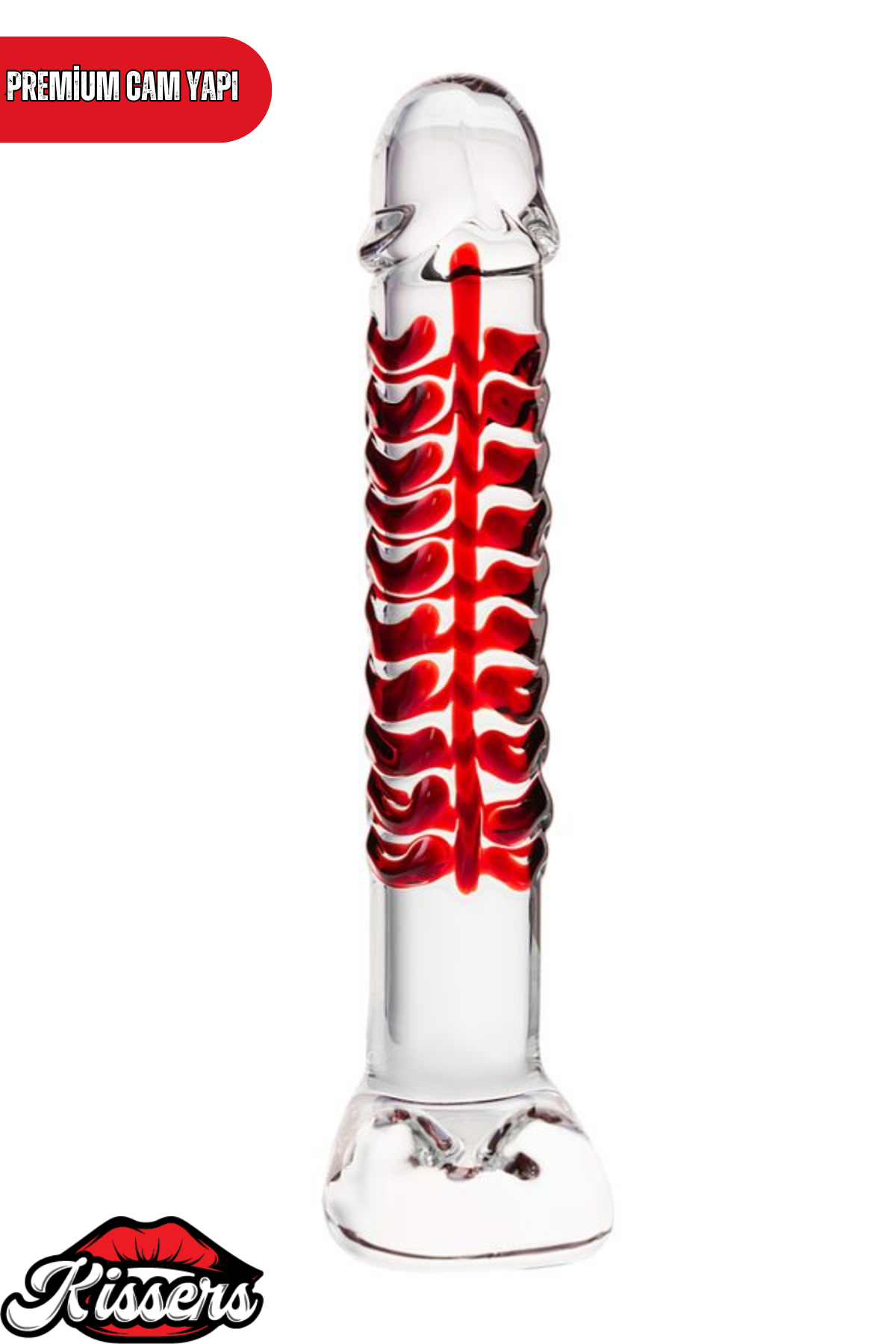 Kırılmaz Kırmızı Şeffaf Desenli Düz Cam Dildo 16 Cm Su Geçirmez Temperli Cam Masaj Ürünü