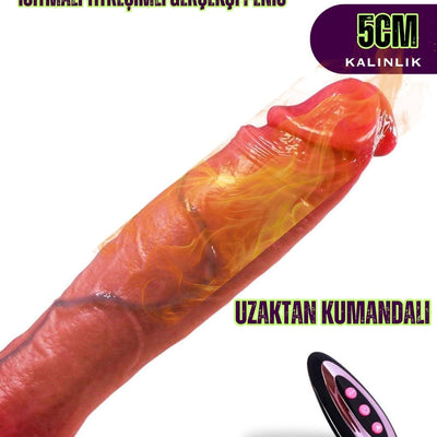 Özel Tasarım Damarlı İleri Geri Hareketli Rotasyonlu Isıtmalı Uzaktan Kumandalı Penis Dildo 26 Cm