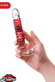 Kırılmaz Kırmızı Şeffaf Desenli Düz Cam Dildo 16 Cm Su Geçirmez Temperli Cam Masaj Ürünü