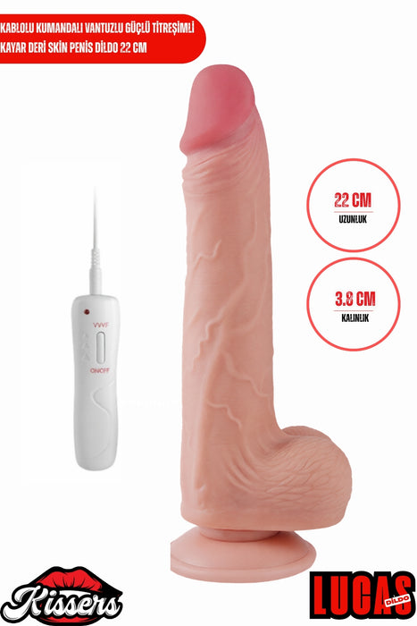 Kablolu Kumandalı Vantuzlu Güçlü Titreşimli Kayar Deri Skin Penis Dildo 22 cm
