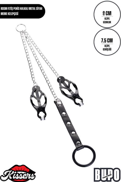BDSM Fetiş Siyah Metal Penis Halkalı Meme Kelepçesi Ayarlanabilir