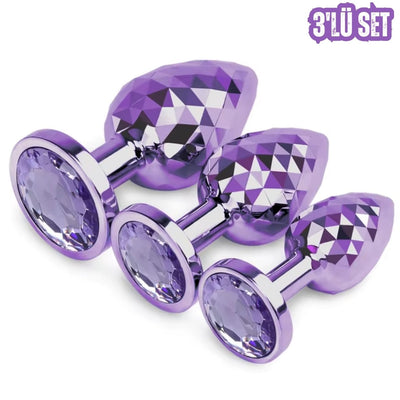 Paslanmaz Çelik  Mor Taşlı Cam Şeklinde Mücevher Lüks Anal Plug Set  Ve Tıkaç Set 3'Lü