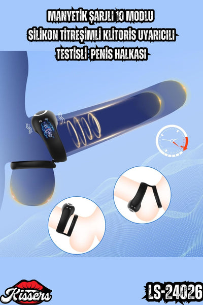 Manyetik şarjlı 10 Modlu Silikon Titreşimli Klitoris Uyarıcılı Testisli Penis Halkası