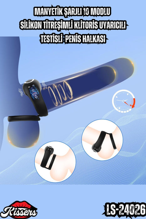 Manyetik şarjlı 10 Modlu Silikon Titreşimli Klitoris Uyarıcılı Testisli Penis Halkası