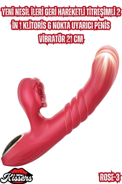 Yeni Nesil İleri Geri Hareketli Titreşimli 2 in 1 Klitoris G Nokta Uyarıcı Penis Vibratör 21 Cm