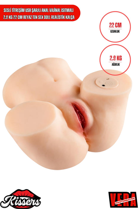 Sesli Titreşim Usb Şarjlı Anal Vajinal Isıtmalı 2.9 Kg 22 cm Beyaz Ten Sex Doll Realistik Kalça