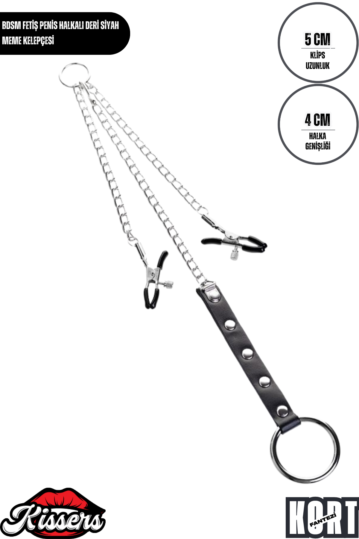BDSM Fetiş Siyah Deri Penis Halkalı Metal Meme Kelepçesi