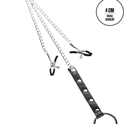 BDSM Fetiş Siyah Deri Penis Halkalı Metal Meme Kelepçesi