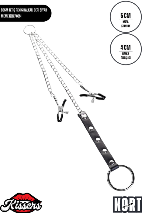BDSM Fetiş Siyah Deri Penis Halkalı Metal Meme Kelepçesi