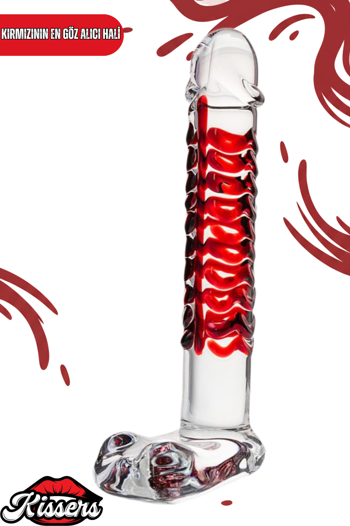 Kırılmaz Kırmızı Şeffaf Desenli Düz Cam Dildo 16 Cm Su Geçirmez Temperli Cam Masaj Ürünü