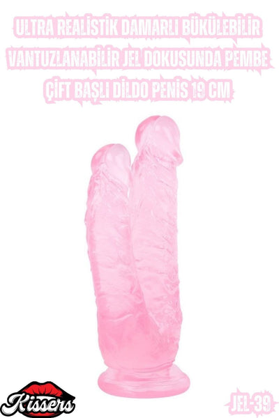 Ultra Realistik Damarlı Bükülebilir Vantuzlanabilir Jel Dokusunda Pembe Çift Başlı Dildo Penis 19 Cm