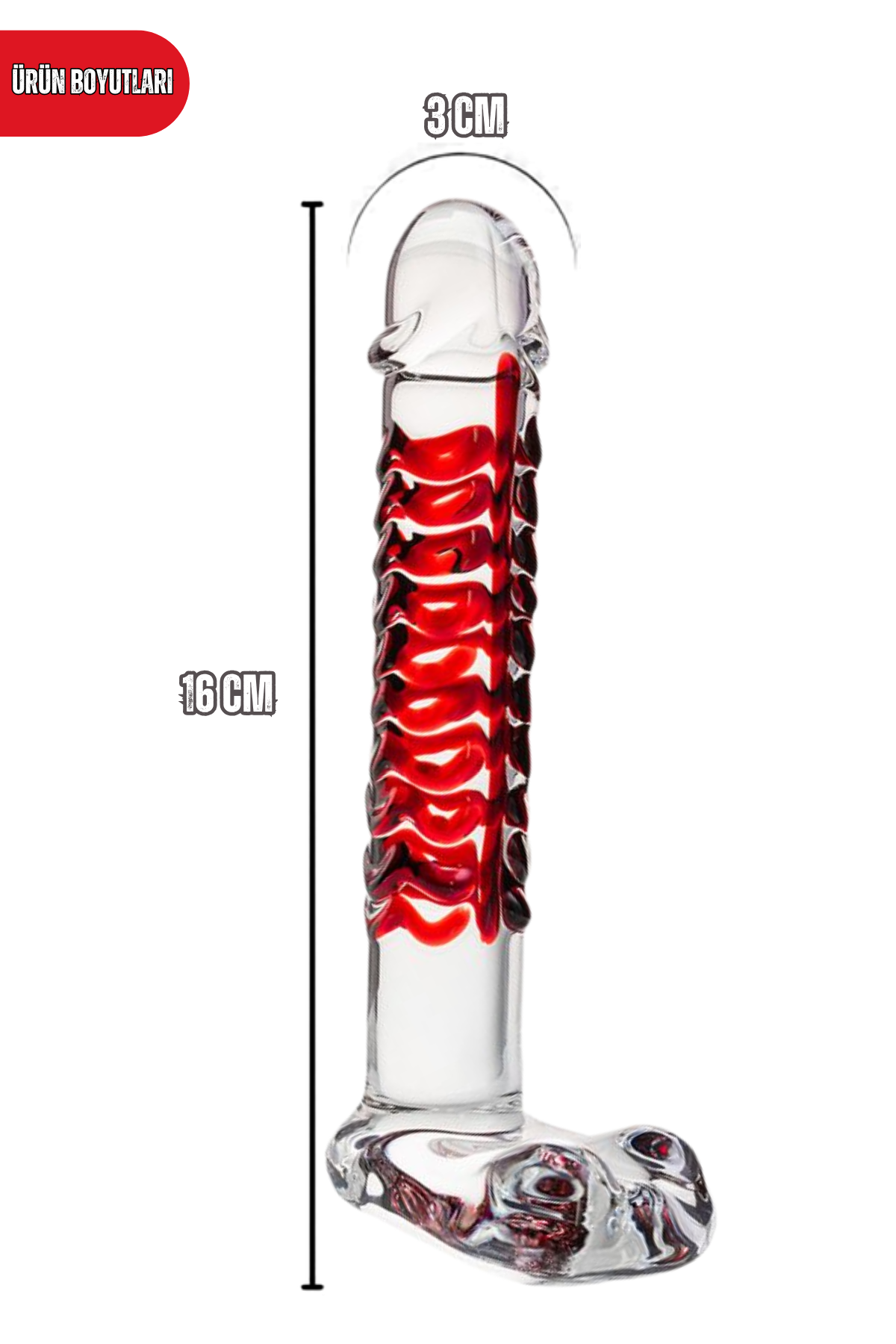 Kırılmaz Kırmızı Şeffaf Desenli Düz Cam Dildo 16 Cm Su Geçirmez Temperli Cam Masaj Ürünü