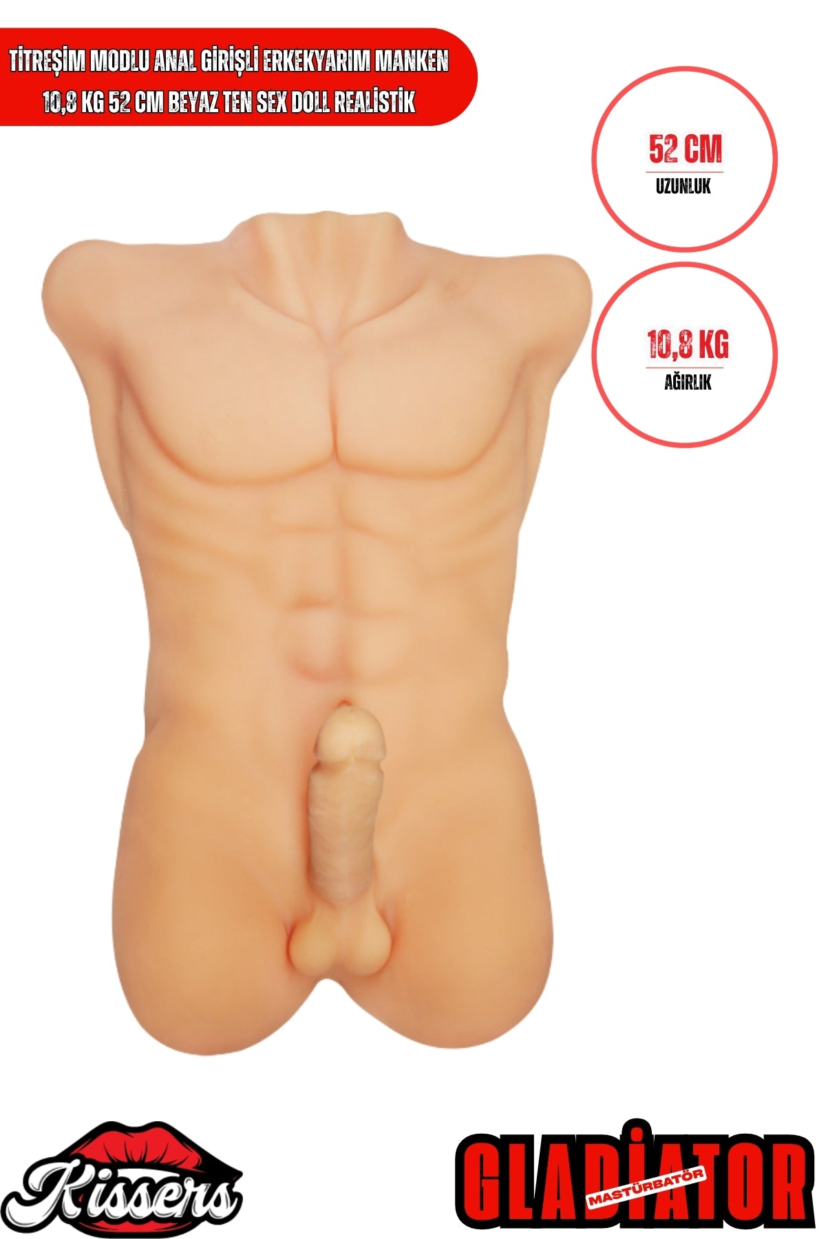 Titreşim Modlu Anal Girişli Erkek Yarım Manken 10.8 Kg 52 cm Beyaz Ten Sex Doll Realistik