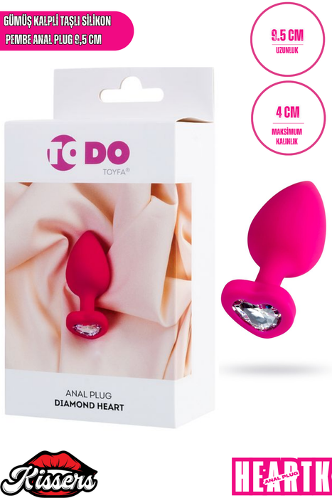 Diamond Heart Gümüş Kalpli Taşlı Silikon Anal Plug 9,5 cm Pembe Medikal Silikon
