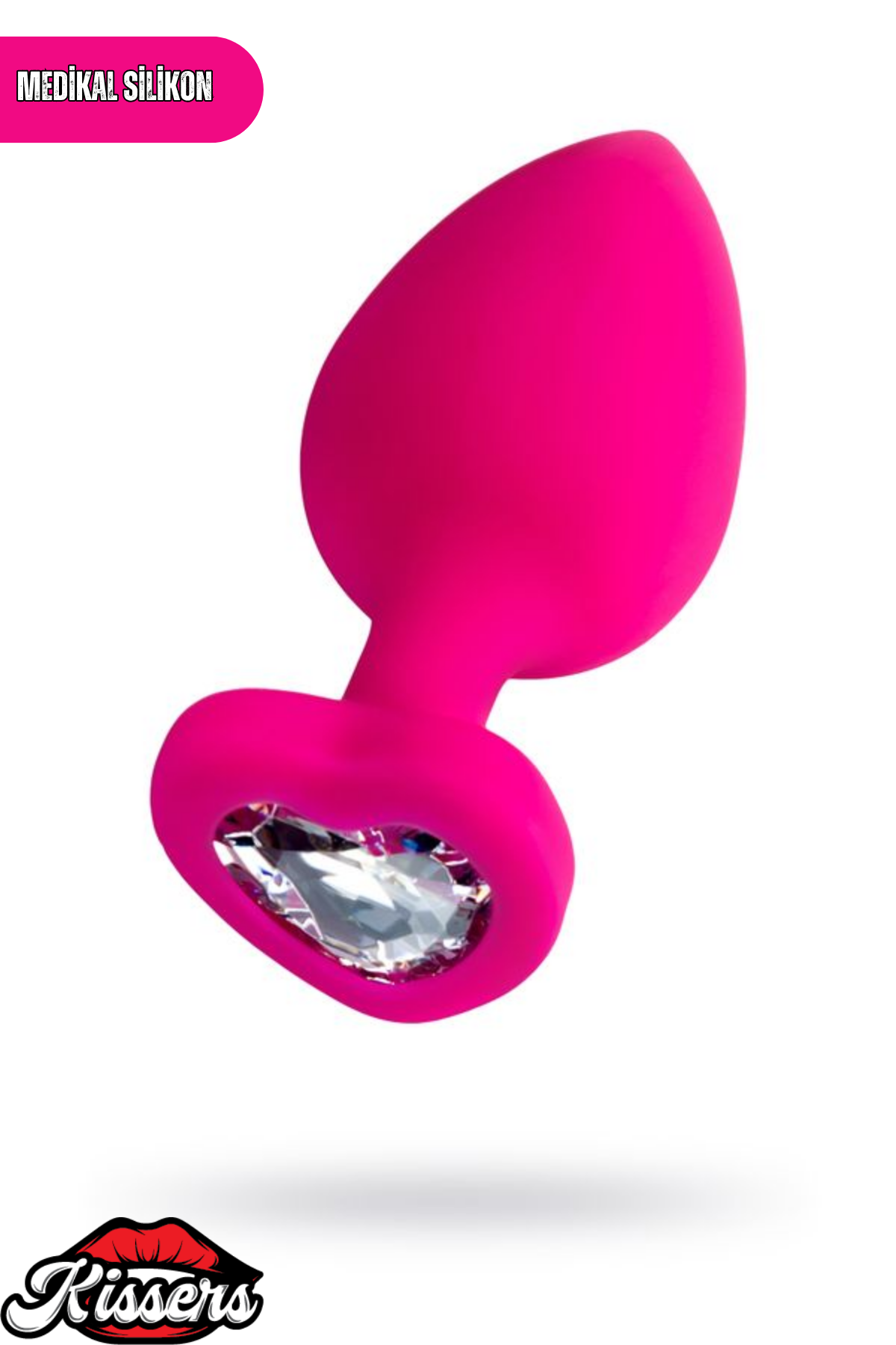 Diamond Heart Gümüş Kalpli Taşlı Silikon Anal Plug 9,5 cm Pembe Medikal Silikon