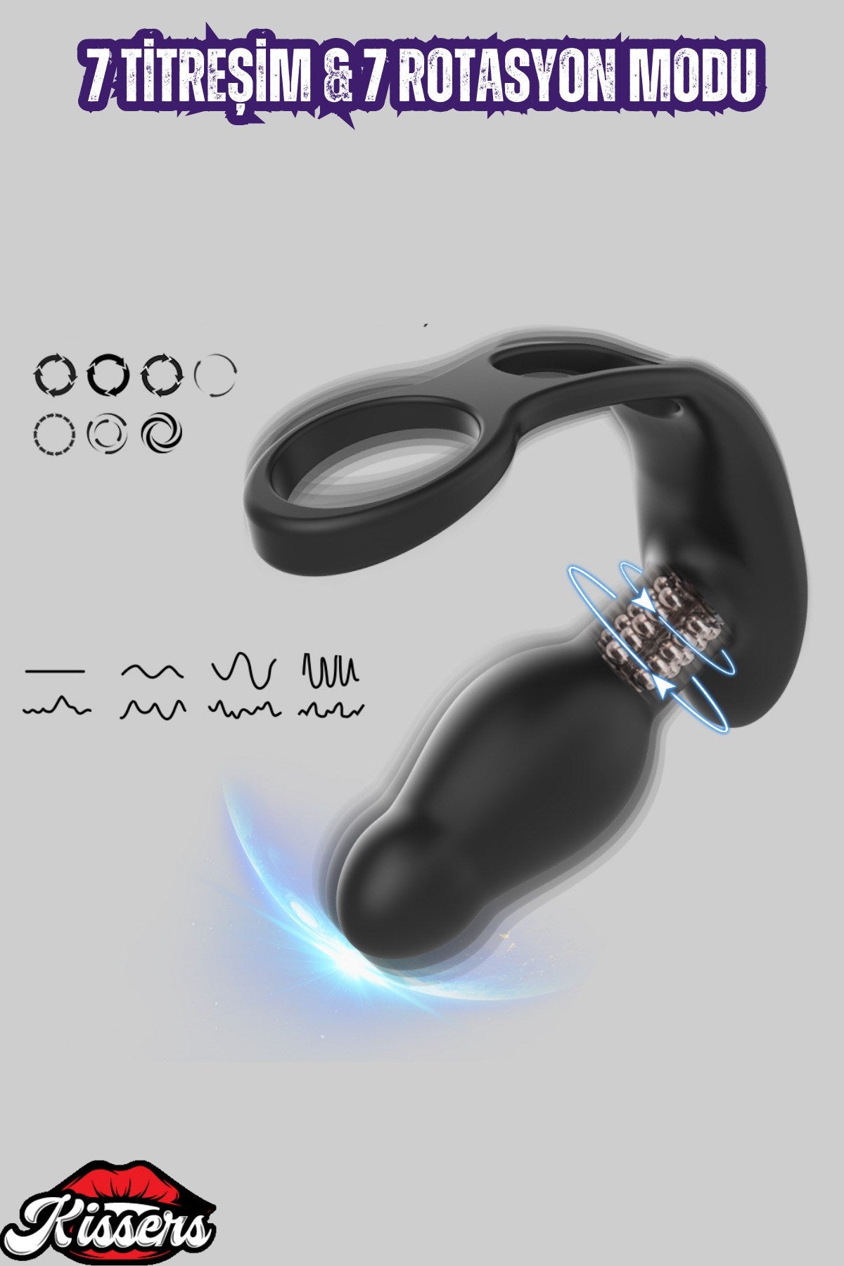 Manyetik Şarjlı 7 Modlu Rotasyonlu Silikon Titreşimli Uyarıcılı Testisli Penis Halkası