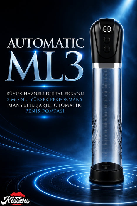 Automatic ML 3 Büyük Hazneli Dijital Ekranlı 3 Modlu Yüksek Performans Manyetik Şarjlı Otomatik Penis Pompası