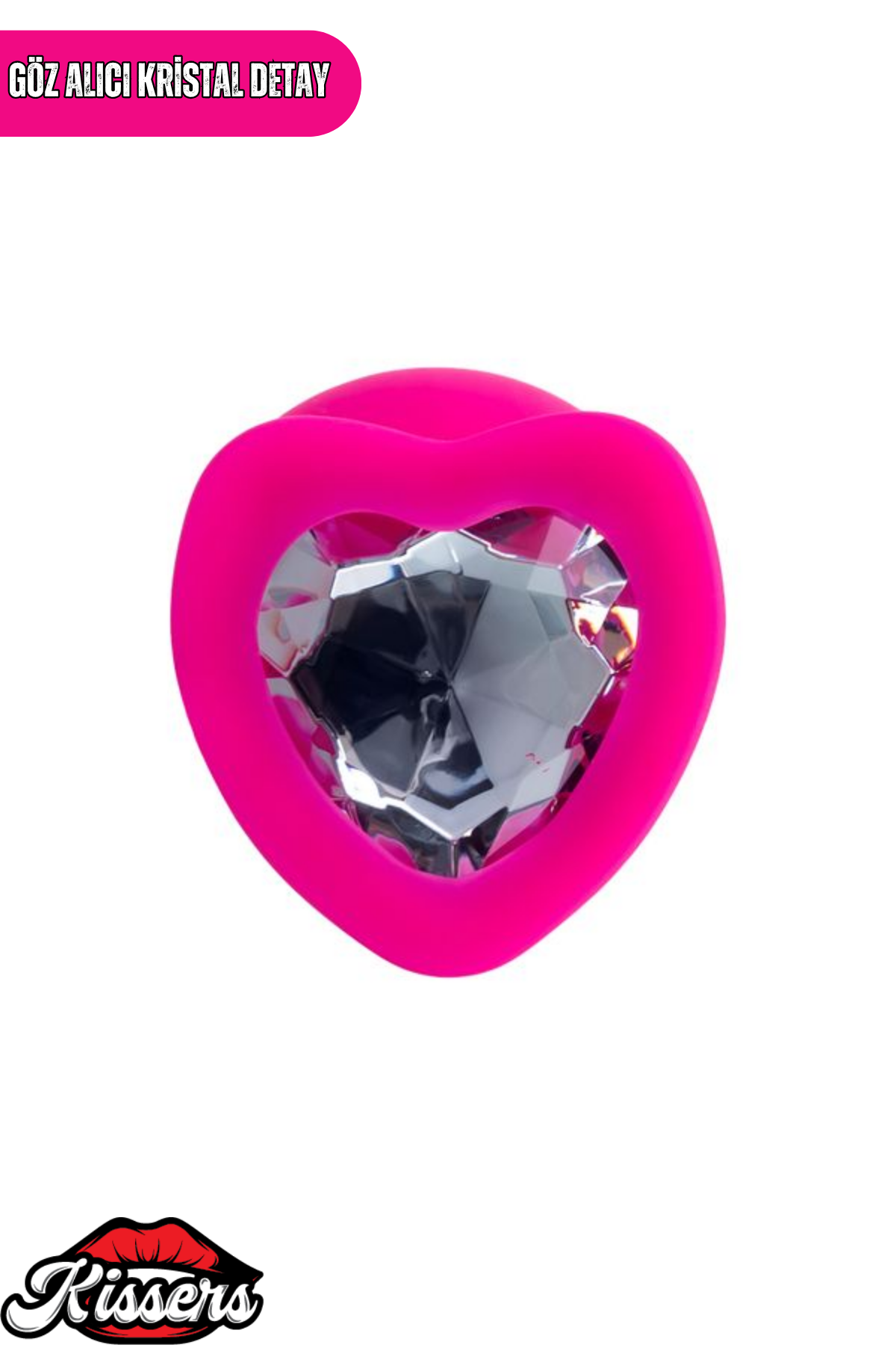 Diamond Heart Gümüş Kalpli Taşlı Silikon Anal Plug 9,5 cm Pembe Medikal Silikon