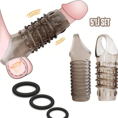Erken İlişki Önleyici Şeffaf Tırtıklı Penis Kılıfı ve Penis Halkası Set 5'li