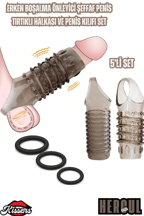 Erken İlişki Önleyici Şeffaf Tırtıklı Penis Kılıfı ve Penis Halkası Set 5'li