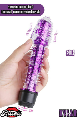 Yumuşak Dokulu Titreşimli Tırtıklı Pilli Jel Vibratör Penis Mor 18 Cm
