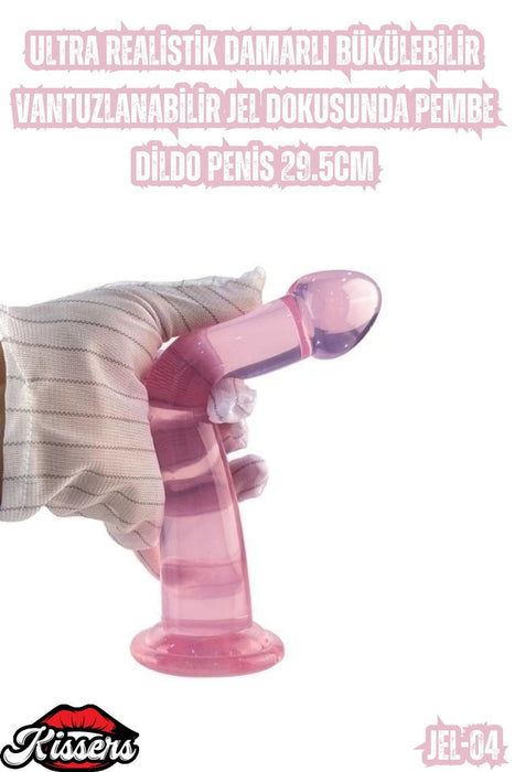 Ultra Realistik Damarlı Bükülebilir Vantuzlanabilir Jel Dokusunda pembe Dildo Penis 29.5 Cm