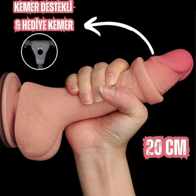 Çift Katmanlı Gerçekçi Kayar Deri Ultra Realistik Belden Bağlamalı Yapay Penis Dildo 20 Cm