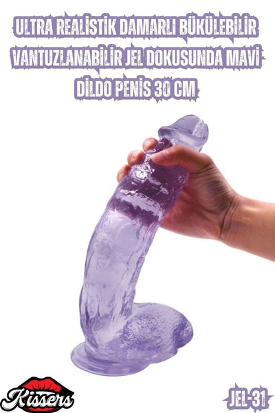 Ultra Realistik Damarlı Bükülebilir Vantuzlanabilir Jel Dokusunda Mavi Dildo Penis 30 Cm