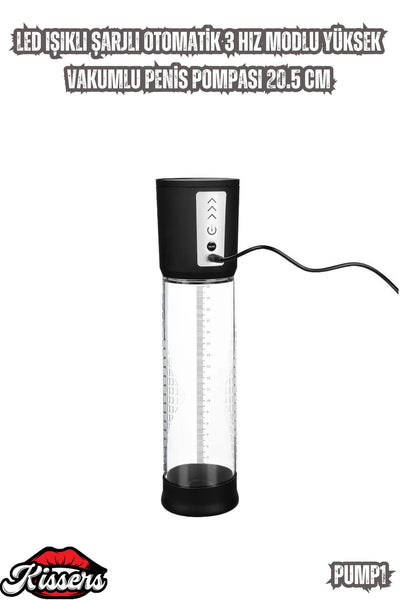 Led ışıklı Şarjlı Otomatik 3 Hız Modlu Yüksek Vakumlu Penis Pompası 20.5 Cm