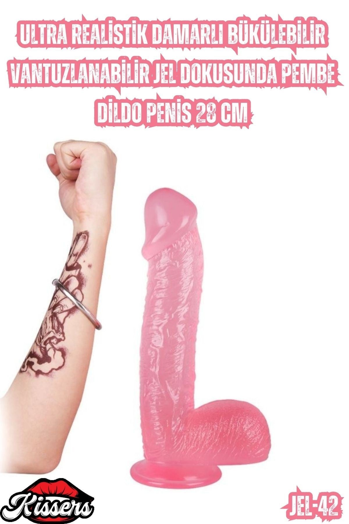 Ultra Realistik Damarlı Bükülebilir Vantuzlanabilir Jel Dokusunda Pembe Dildo Penis 28 Cm