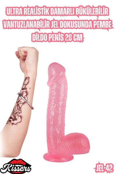 Ultra Realistik Damarlı Bükülebilir Vantuzlanabilir Jel Dokusunda Pembe Dildo Penis 28 Cm