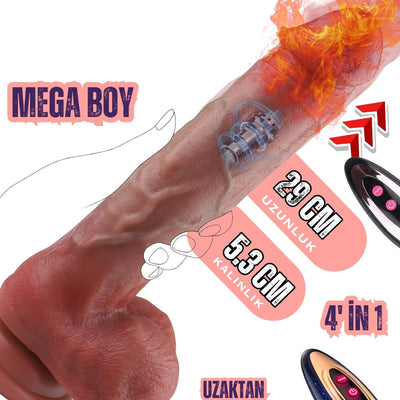 Isıtmalı İleri Geri Hareketli Titreşimli Ultra Realistik Mega Kalın Melez Dildo Penis Vibratör 29 Cm