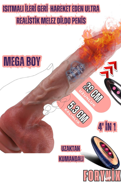 Isıtmalı İleri Geri Hareketli Titreşimli Ultra Realistik Mega Kalın Melez Dildo Penis Vibratör 29 Cm