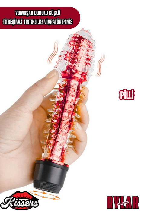 Yumuşak Dokulu Titreşimli Tırtıklı Pilli Jel Vibratör Penis Kırmızı 18 Cm