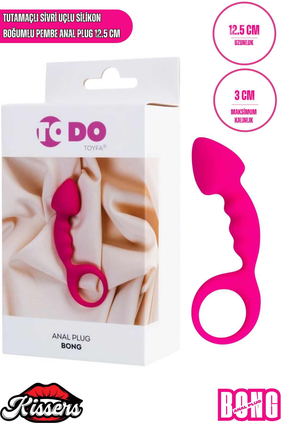 Bong Tutamaçlı Sivri Uçlu Silikon Anal Plug 12,5 cm Pembe Boğumlu Medikal Silikon