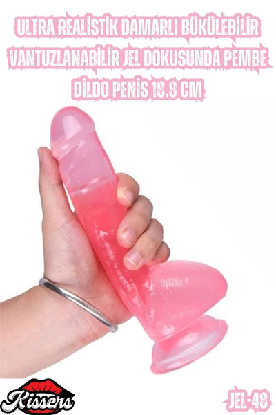 Ultra Realistik Damarlı Bükülebilir Vantuzlanabilir Jel Dokusunda Pembe Dildo Penis 18.8 Cm