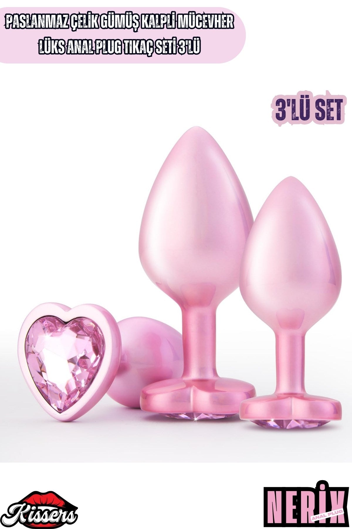 Paslanmaz Çelik Pembe Gümüş Kalpli Mücevher Lüks Anal Plug Tıkaç Seti 3'lü