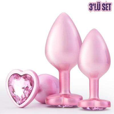 Paslanmaz Çelik Pembe Gümüş Kalpli Mücevher Lüks Anal Plug Tıkaç Seti 3'lü