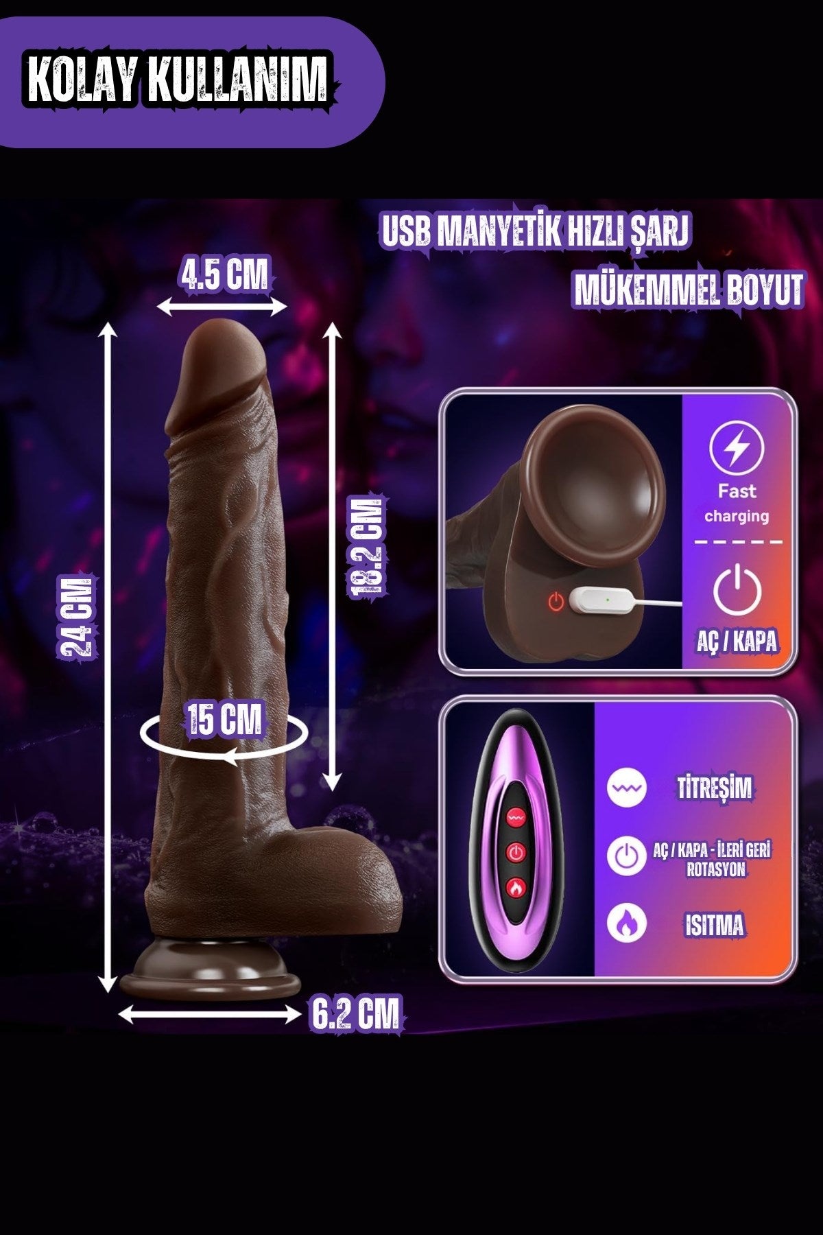 Uzaktan Kumandalı Titreşimli Isıtmalı İleri Geri Hareketli Realistik Penis Vibratör 24 Cm